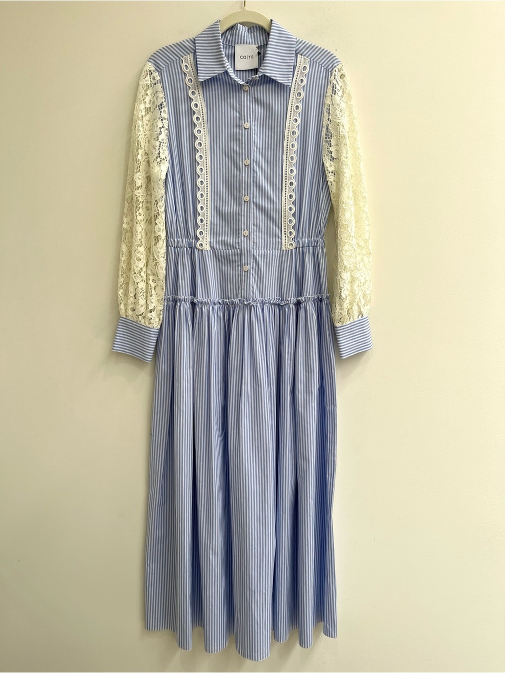 CO|TE agata midi dress in light blue white stripes lace sleeves size 40 U.S 6